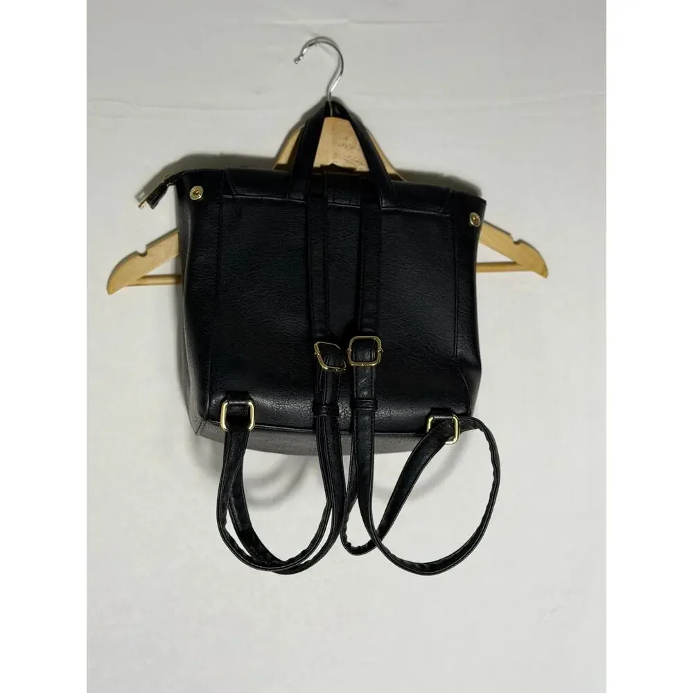 Black Faux Leather Backpack Purse Leopard Print Lining Gold Hardware Tassel